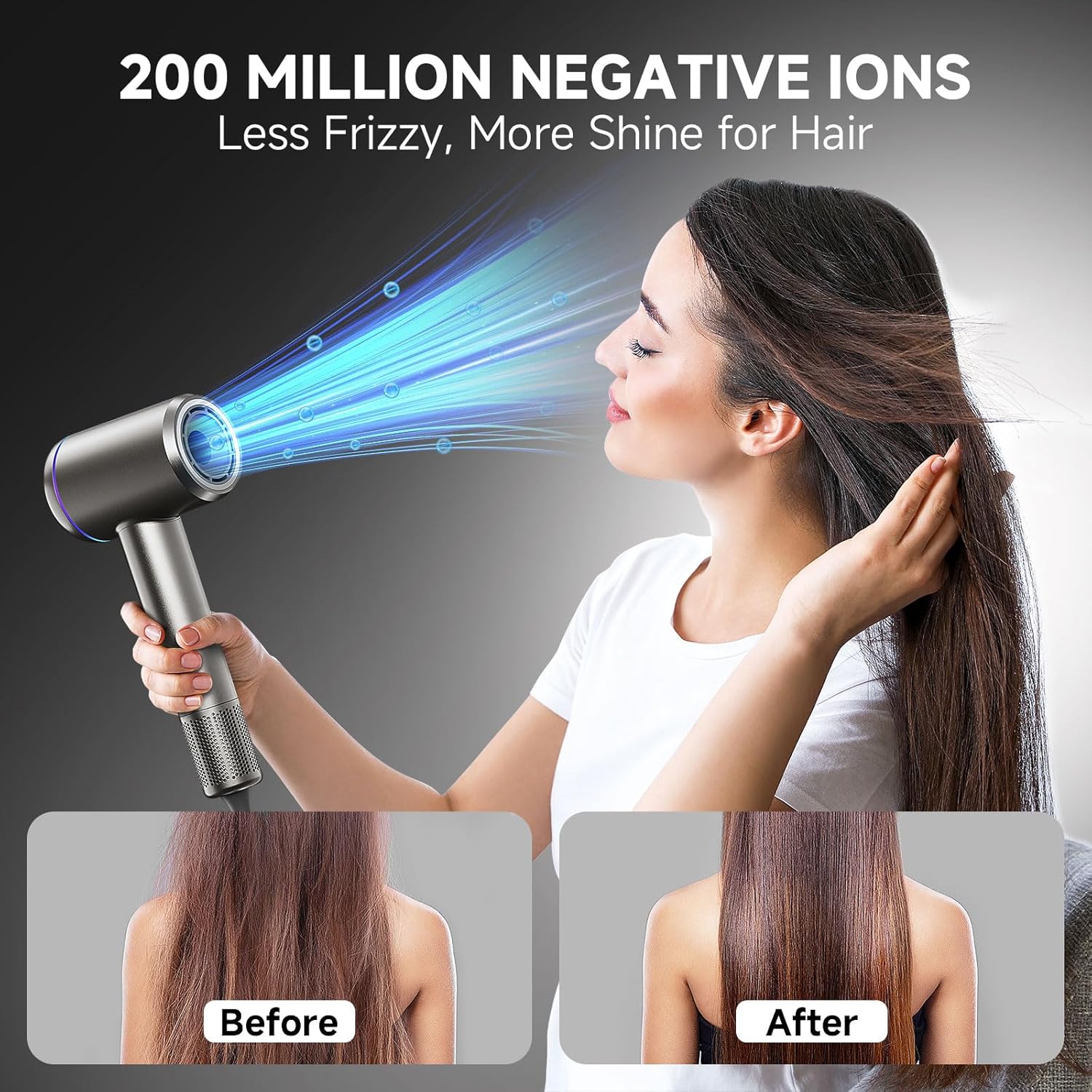 Hair Dryer with Diffuser, 150,000 RPM High Speed Negative Ionic Blow Dryer for Fast Drying, Low Noise, 4 Temps & 3 Speeds, Thermo-Control Hair Dryer with 2 Magnetic Nozzle for Home Travel - Image 4