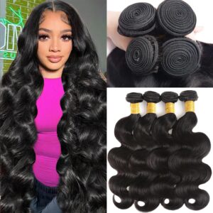 12A Human Hair Bundles 20 22 24 26 Inch Body Wave 100% Unprocessed Brazilian Virgin Hair 4 Bundles Deals Human Hair Extensions Quick Weave Natural Black