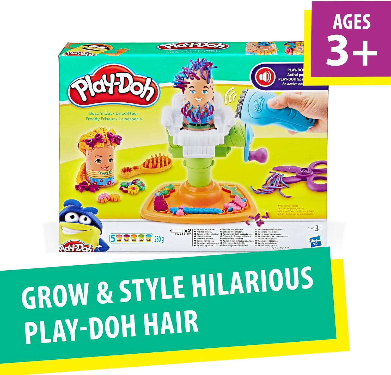 Play-Doh Buzz 'n Cut Fuzzy Pumper Barber Shop Set, Electric Buzzer, 5 Colors of 2-Ounce Cans, Preschool Toys, Christmas Gifts Girls & Boys, Ages 3+ (Amazon Exclusive) - Image 2