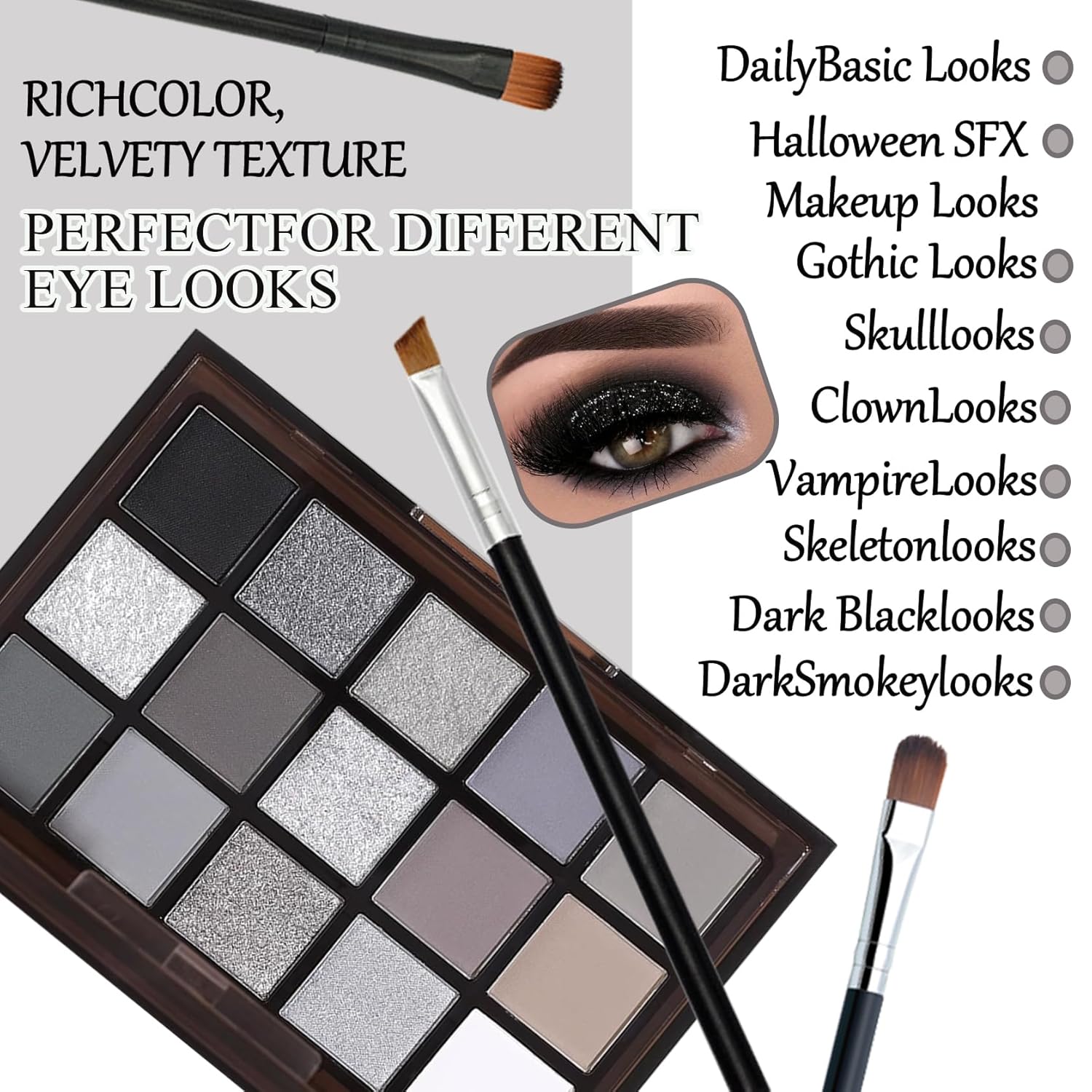 Black Grey Smoky Eyeshadow Palette,15 Colors Matte Shimmer Pigmented Eye Shadow Makeup Palette Set with 3 Eyeshadow Brushes,Glitter Eyeshadow Makeup Palette for Daily Halloween Goth Makeup(A) - Image 7