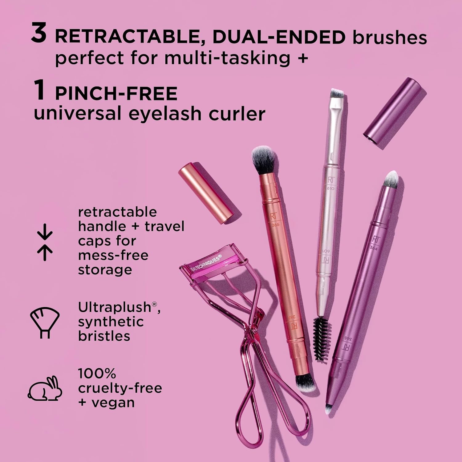 Real Techniques Double Time Brush + Lash 4 Piece Set, Dual-Ended Eye Makeup Brushes For Eyeshadow & Brows, Travel-Friendly Brush Caps For Storage, Eyelash Curler Included, Cruelty-Free - Image 2