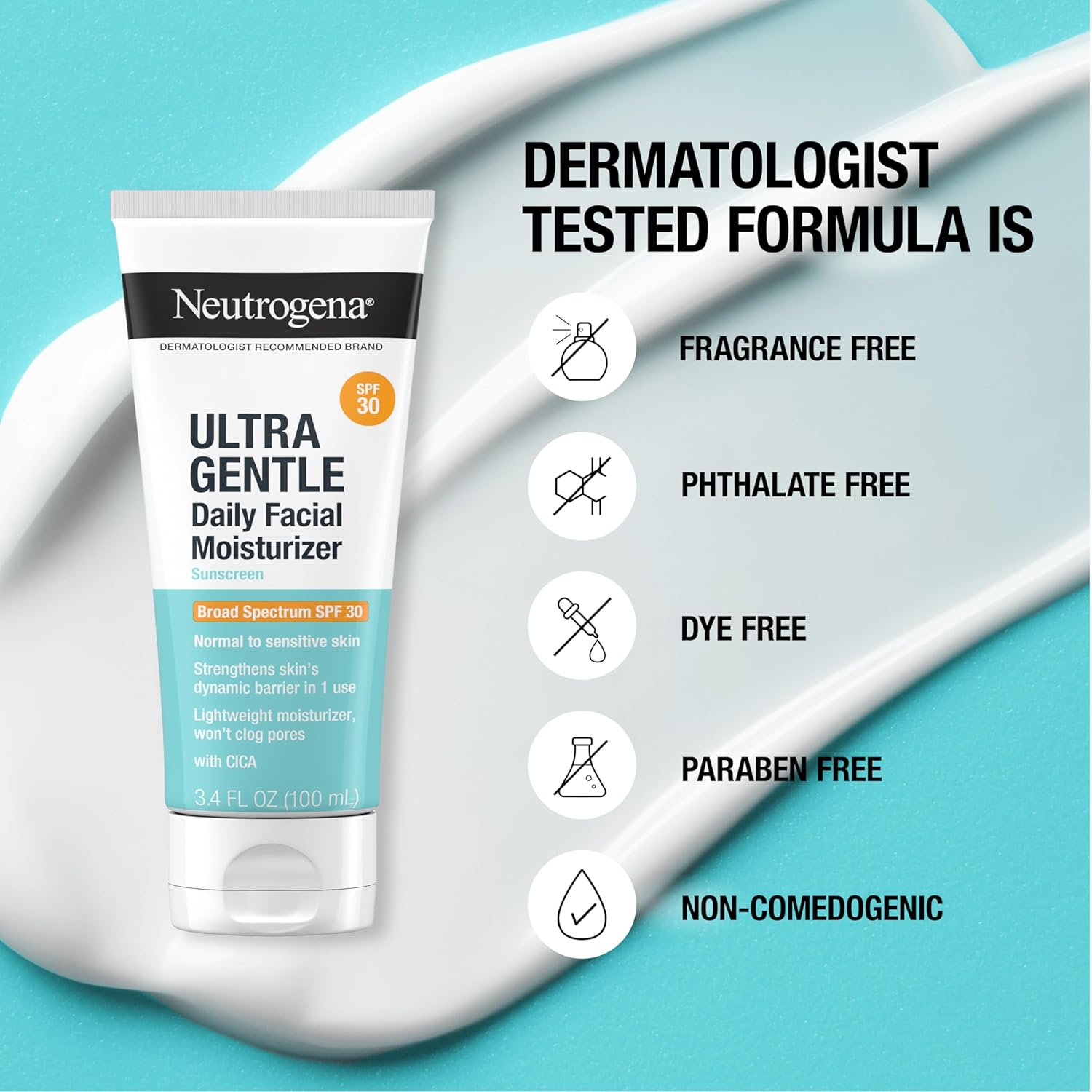 Neutrogena Ultra Gentle Daily Facial Moisturizer with SPF 30 Sunscreen with CICA, Lightweight Face Lotion with Broad Spectrum SPF 30 for Normal to Sensitive Skin, Fragrance-Free, 3.4 fl. oz - Image 7