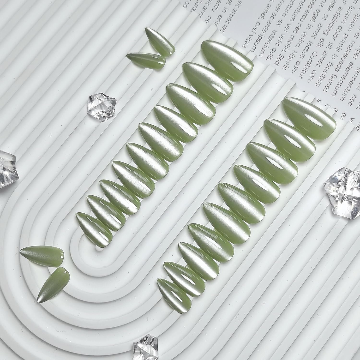 KQueenest Cat Eye Sage Green Press on Nails Almond Shape, 30 Pcs Glitter Fake Nails Medium, Thick Sparkly Glass Nails Press on, Shiny Acrylic Nails, Cute Bling Stick on Nails for Women - Image 3