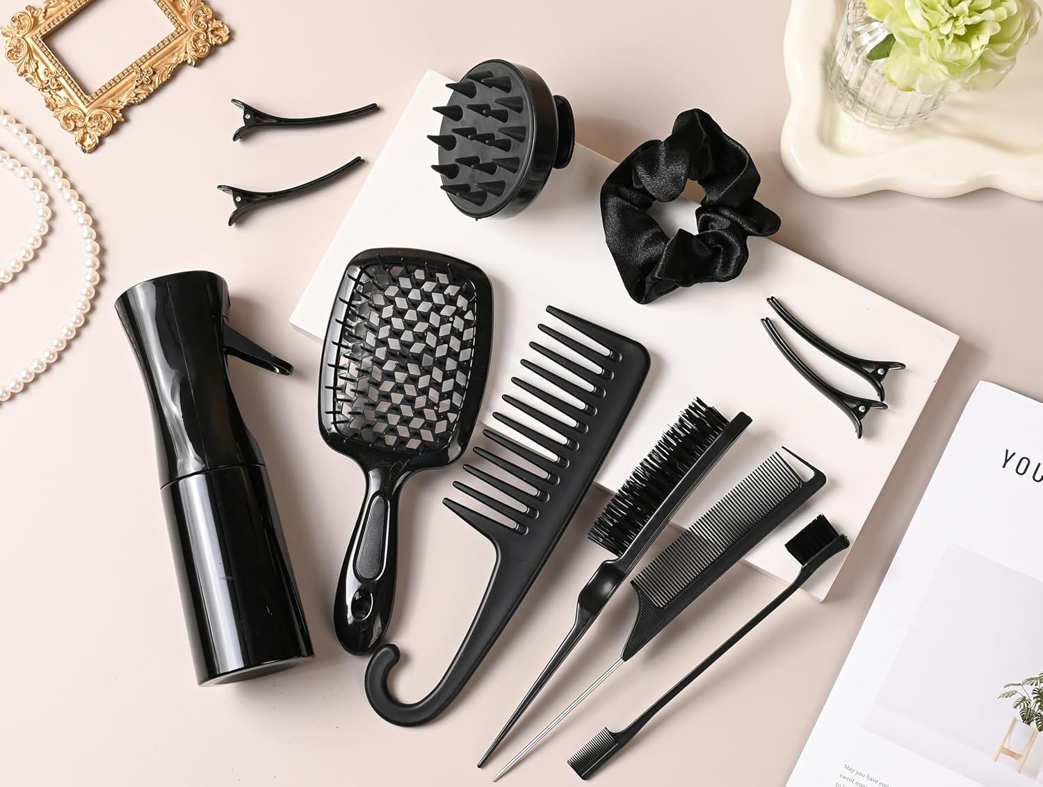 12 Pcs Hair Styling Brush Set with Detangler, Teasing, Rat Tail, Edge Brushes and Baby Hair Brushes - Soft Bristles for Baby Girls and Women (Black) - Image 3