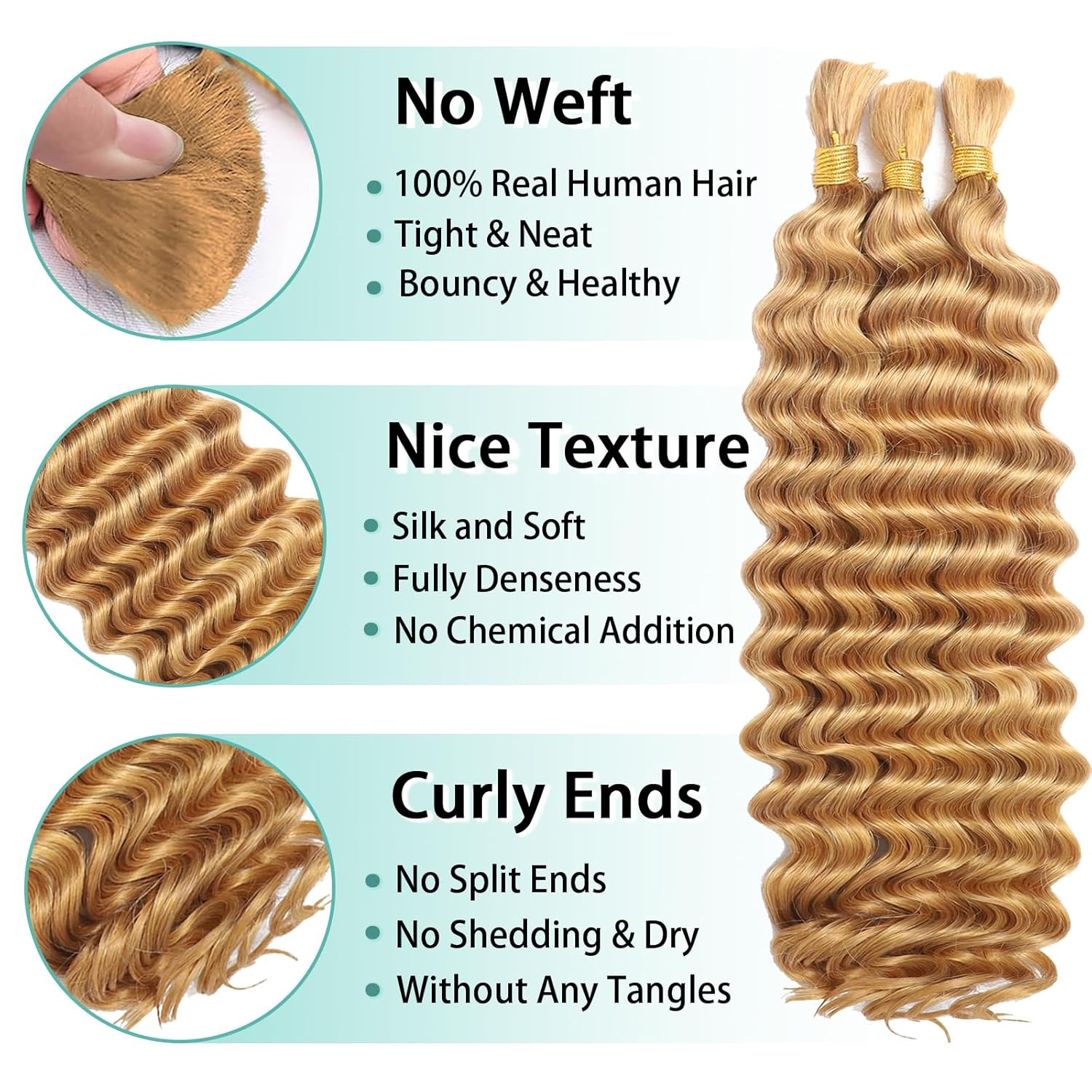 Human Braiding Hair for Boho Braids Human Hair 110g 16 Inch Curly Boho Hair for Braiding Knotless 12A Deep Wave Bohemian 3 Bundles/Pack Caramel Honey Blonde - Image 2