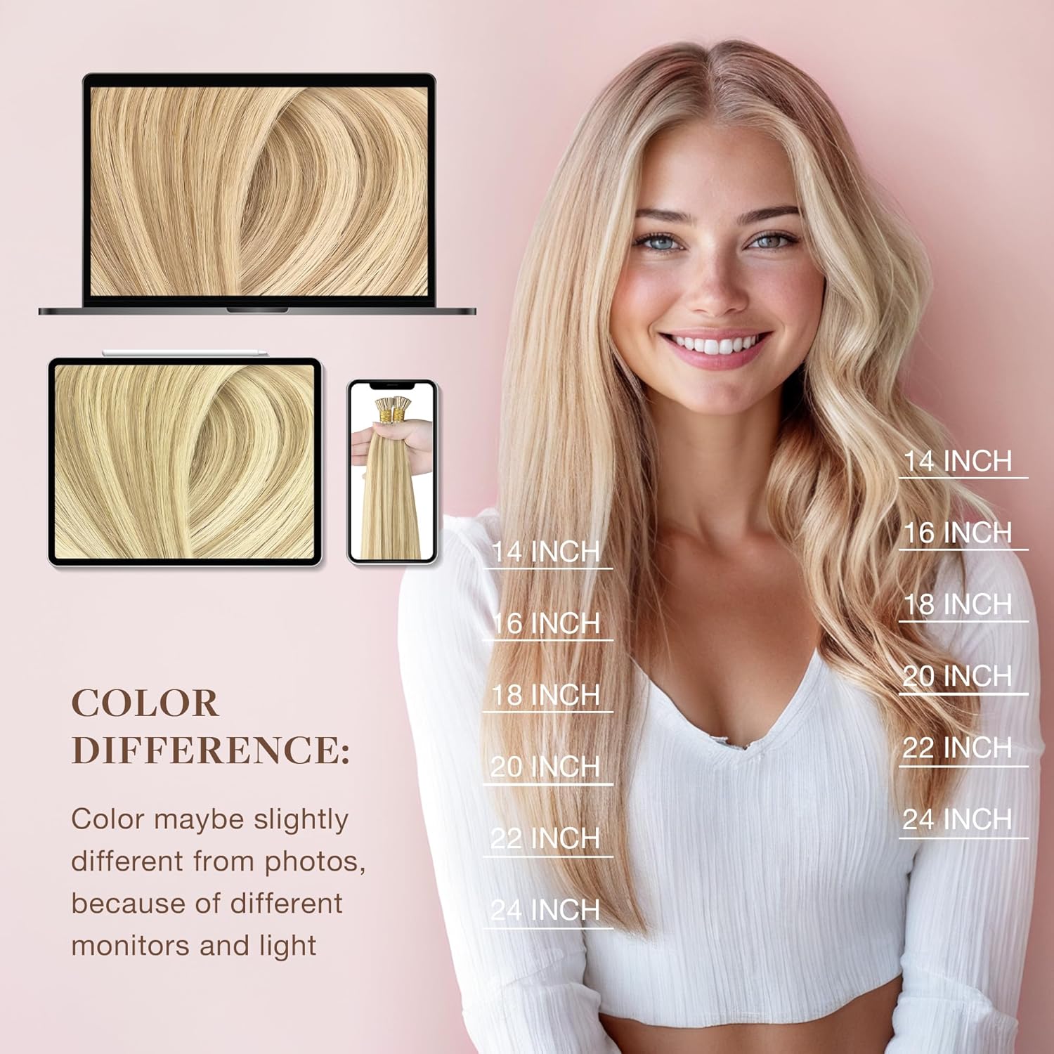 GOO GOO I Tip Hair Extensions, Real Human Hair, 22inch 50g, Cold Fusion, Invisible Remy, 16/22 Light Blonde Highlighted Golden Blonde - Image 8