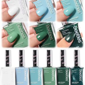 Beetles Green Nail Polish Set P181, 6 Colors Blue White Nail Polish Set, Green Collection Quick Dry Long Lasting Manicure Patricks Day DIY Nail Art Salon Home Gift For Women