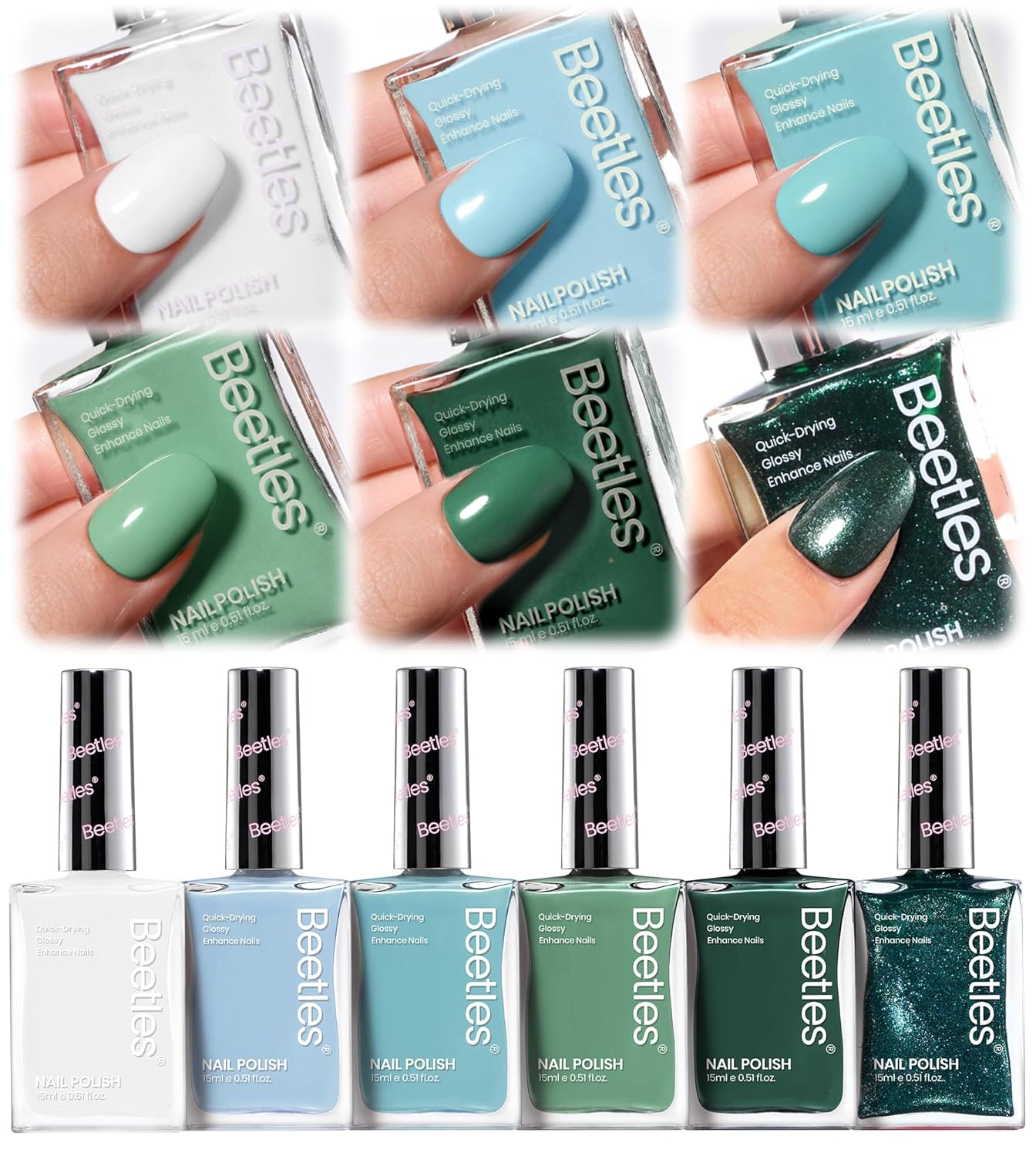 Beetles Green Nail Polish Set P181, 6 Colors Blue White Nail Polish Set, Green Collection Quick Dry Long Lasting Manicure Patricks Day DIY Nail Art Salon Home Gift For Women