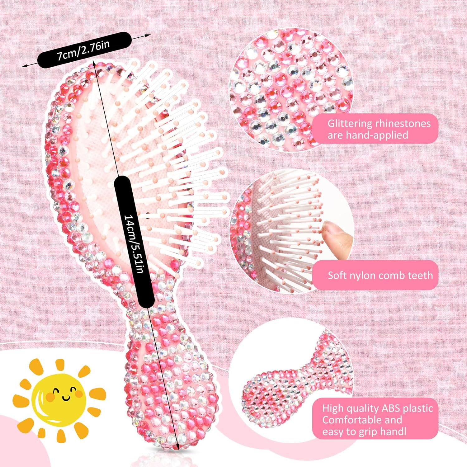 Thyle 4 Pcs Rhinestone Handheld Mirror and Bling Hair Brush Set 2 Cute Heart Shaped Mirror 2 Wet and Dry Hair Brush for Women, Girls Bride, Bridesmaid Gift(Pink) - Image 3