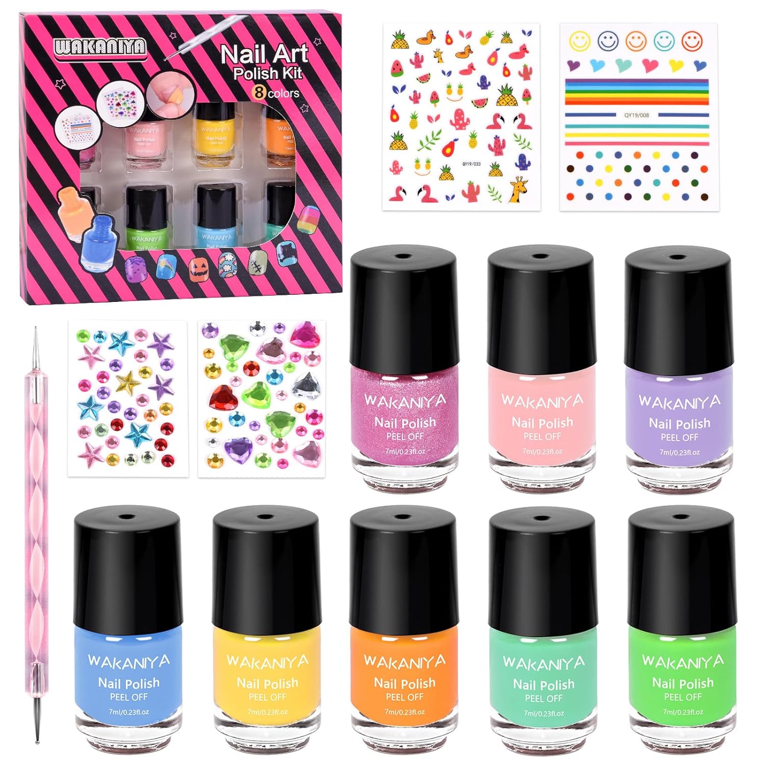 wakaniya Kids Nail Polish Non Toxic Quick Dry Peel-Off Mini Toddler Nail Polish Kit with Gems Stickers 8 Colors Girls Nail Set