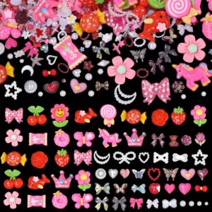 300 Pcs 3D Assorted Flower Candy Lollipop Junk Nail Charms, Acrylic Cute Nail Candy Charms, Flower Bow Star Heart Junk Case Candy Charms for Nail Art DIY Crafts Accessories(S5-Red Charms)