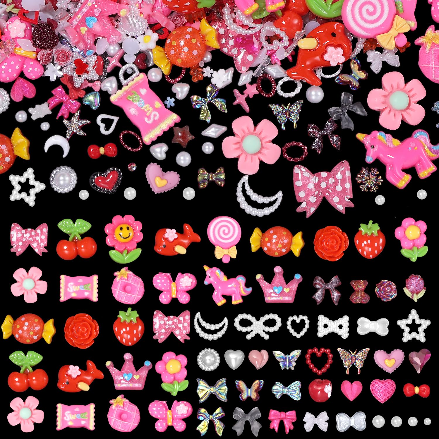 300 Pcs 3D Assorted Flower Candy Lollipop Junk Nail Charms, Acrylic Cute Nail Candy Charms, Flower Bow Star Heart Junk Case Candy Charms for Nail Art DIY Crafts Accessories(S5-Red Charms)