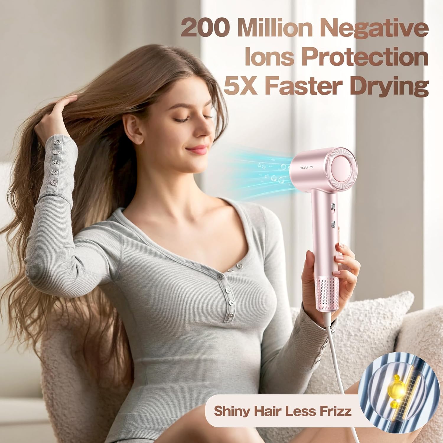 Hair Dryer, High-Speed Ionic Low Noise Blow Dryer with Brushless Motor for Fast Drying, Thermo-Control Quiet Compact Hair Blow Dryer, Hairdryer with 1 Nozzle Attachments for Home Salon Travel - Image 3