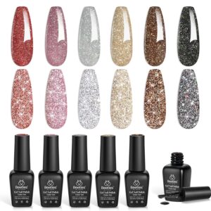Beetles Reflective Glitter Gel Nail Polish Set, 6 Colors Holographic Sparkle Glitter Gel Polish Flash Diamond Sliver Gold Black Red UV LED Soak Off Manicure Gift for Women Girls