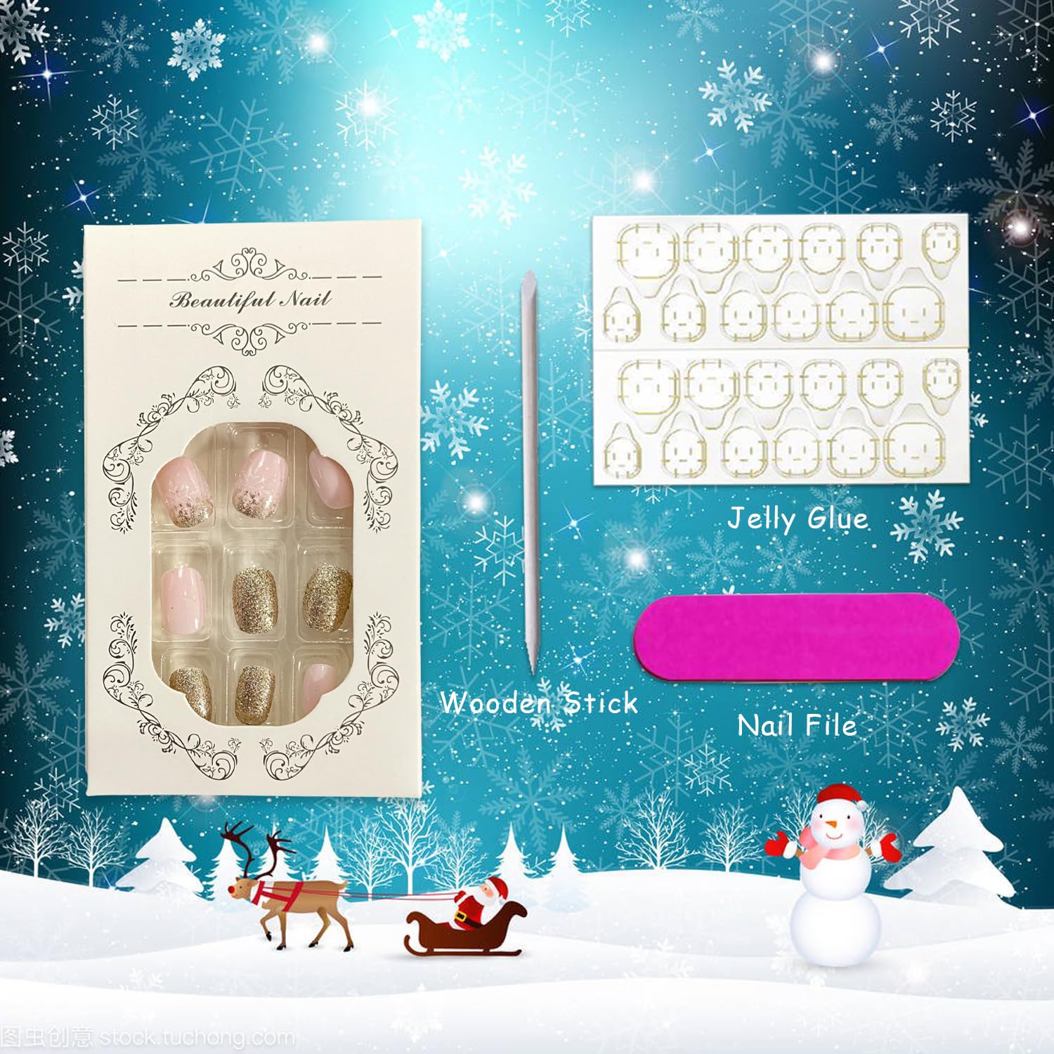 Short Square White Snowflakes Gold Glitter Christmas Press On Nails for Winter Manicure - Image 5