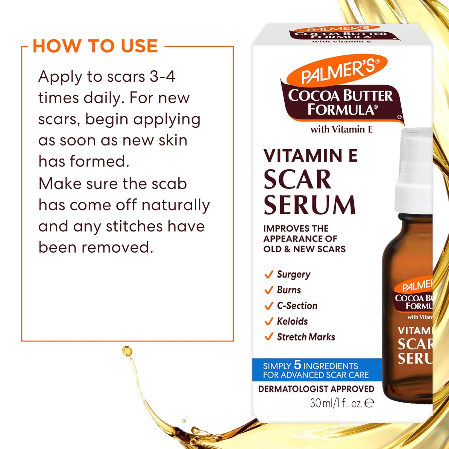 Palmer's Cocoa Butter Formula Scar Serum, Skin Brightening Oil for Face & Body, Concentrated Serum with Vitamin E, Fragrance Free, 1 Fl Oz - Image 6