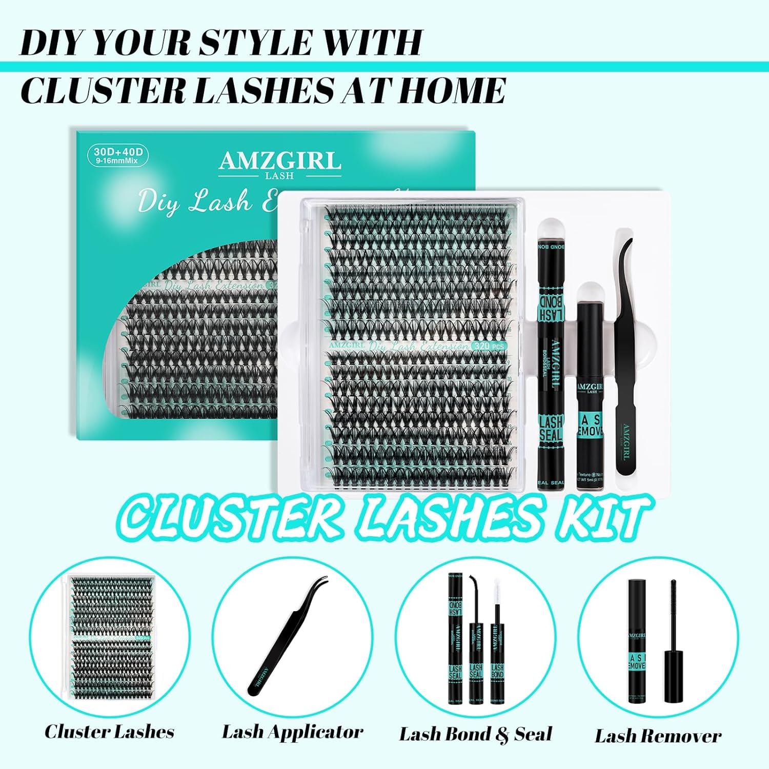 Lash Clusters Kit 320Pcs,DIY Individual Lashes Clusters Kit,Lash Bond And Seal,Lash Remover For Eyelashes Extensions,Lash Applicator Tool For False Eyelash Cluster Kit At Home(3040D,D-Mix9-16mm Kit) - Image 2