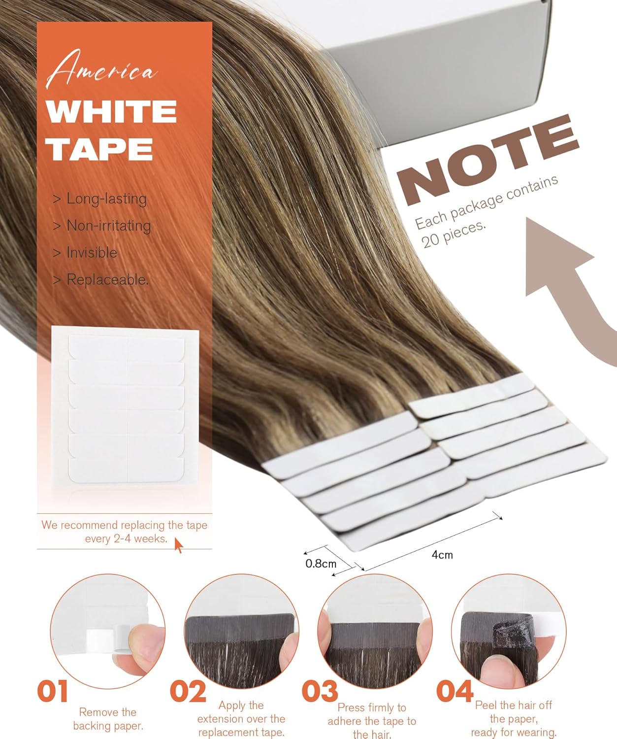 Sunny Hair Tape in Hair Extensions Real Human Hair Invisible Remy Hair Extensions Tape ins for Women Dark Brown Highlight Caramel Blonde 18 inch 20Pcs 50G - Image 4