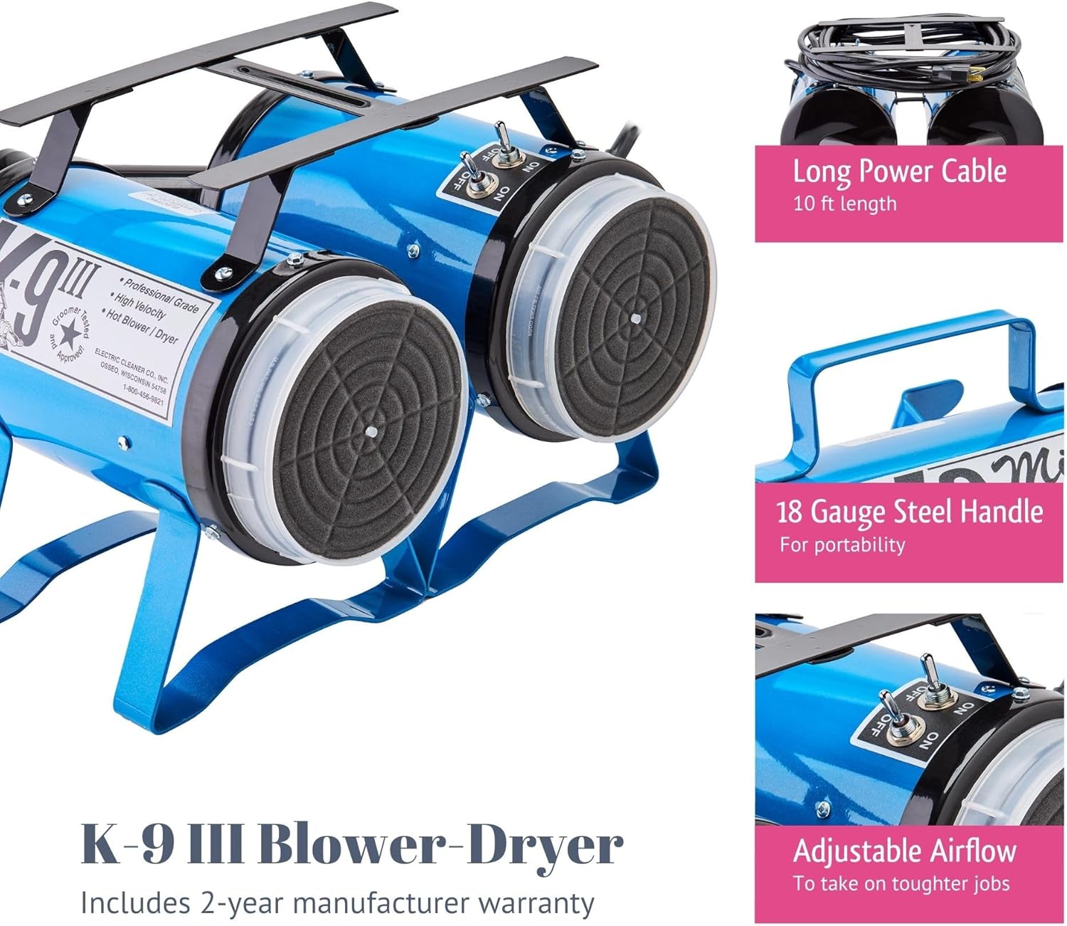 K9 III Dog Blow Dryer - High Power Grooming Dryer, Heavy Duty, 10' Hose, Deshedding, Metallic Purple - Image 3