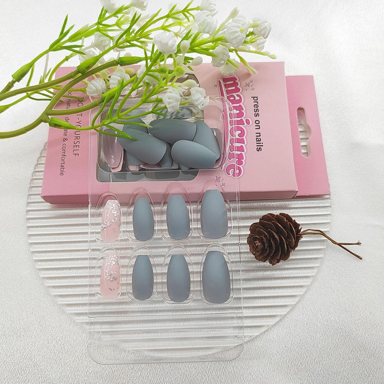 Coffin Press on Nails Short Fake Nails with Glitter Sequins Designs Acrylic Nails Press ons Matte Glue on Nails Grey Blue Full Cover Artificial Stick on Nails for Women 24Pcs - Image 6