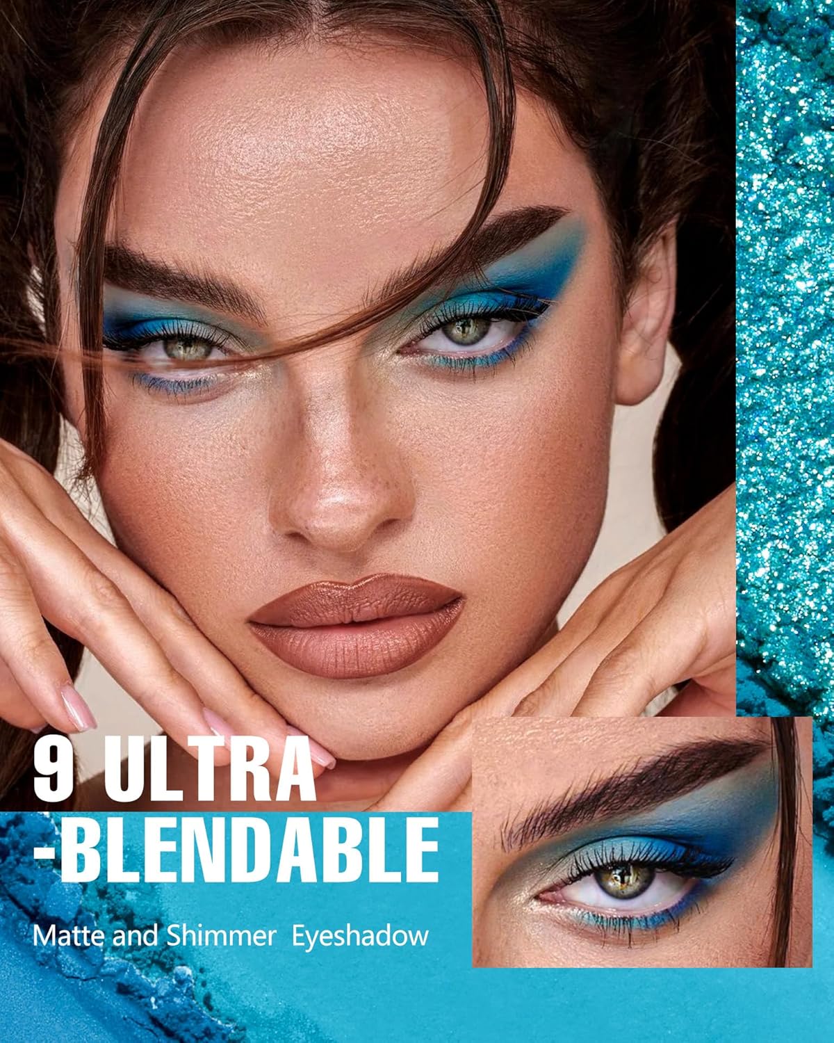 MAKI YIKA Blue Matte Shimmer Eyeshadow Palette, 9 Colors Glitter Smokey Eye Shadow Long Lasting High Pigmented Powder Colorful Waterproof Makeup Palettes (#6 Blue) - Image 3