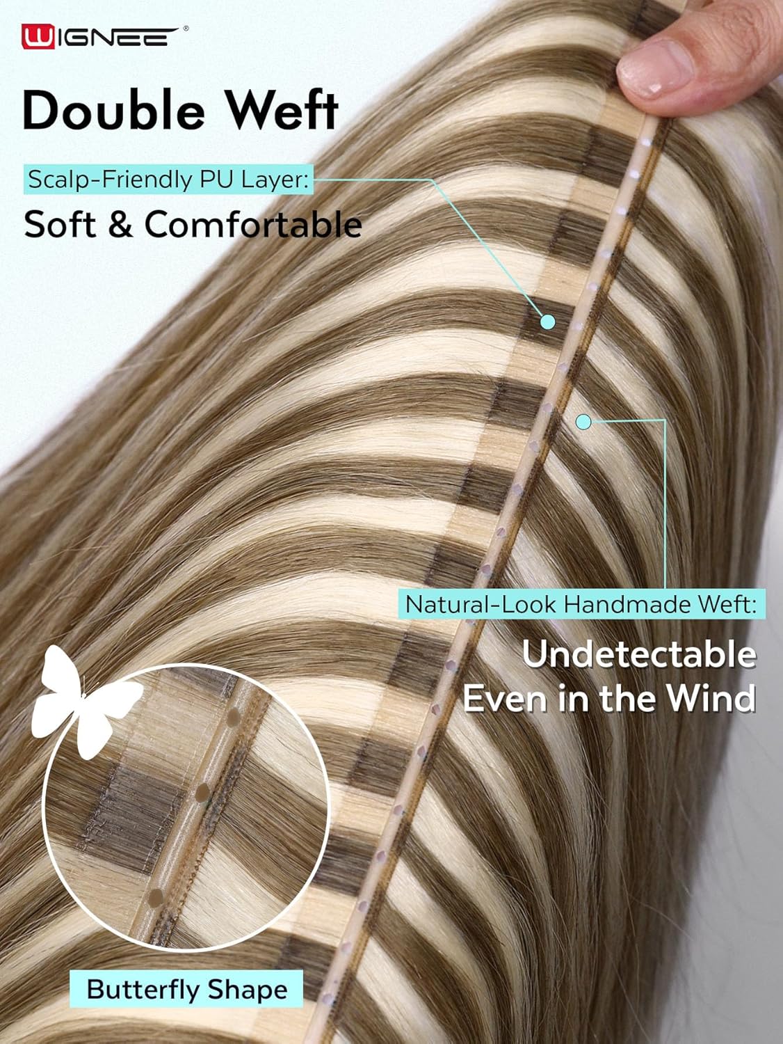 WIGNEE New Double Layered PU OVO Hair Extensions Blonde Ombre Straight Human Hair weft with beads 100% Real Human Hair Extensions 18 Inch Seamless Micro Beads Human Hair Extensions Glueless (9A/60) - Image 3