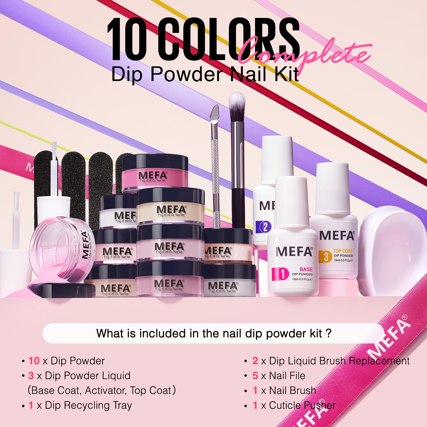 MEFA Dip Powder Nail Kit Clear Nude Pink Purple Grey 10 Colors Dipping Powder with Base Top Coat Activator Liquid Set Recycling Tray, All Seasons Elegant Romantic Tones French Nail Art Manicure Salon - Image 5