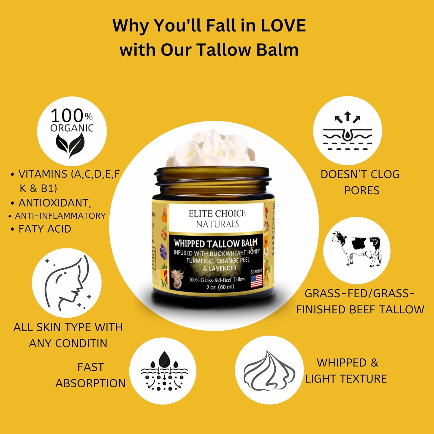 Tallow and Honey Balm – Whipped Beef Tallow for Skin & Face – Grass Fed Beef Tallow Organic Moisturiser – Nourishing Cream for Dry Sensitive Eczema Rosacea & Acne Prone Skin(2 Fl oz, Lavender Orange) - Image 6