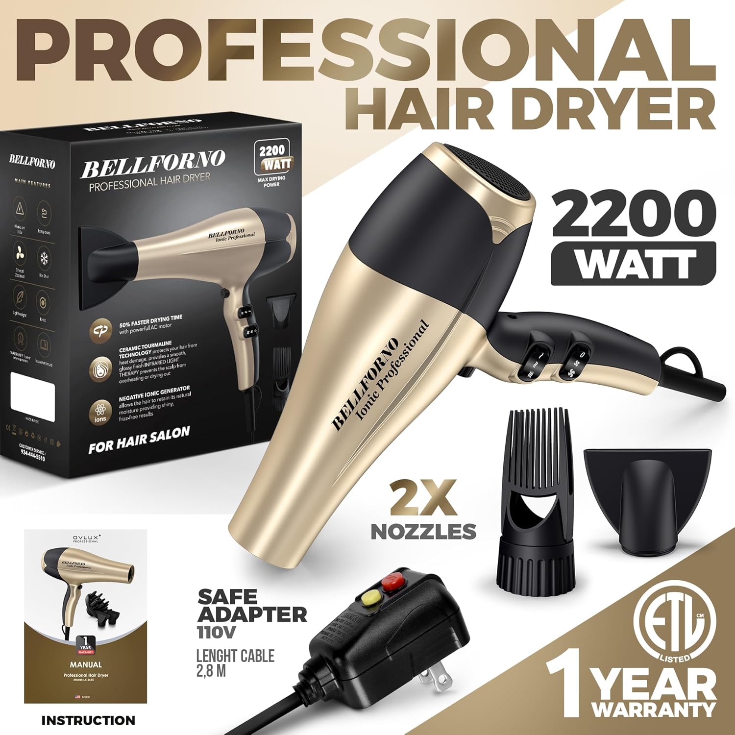 2200W High-Power Hair Dryer - Ionic Ceramic Tourmaline Technology, Lightweight Ergonomic Design with Cool Shot, Comb Attachments & Adjustable Heat/Speed, ADC Motor, Professional Salon Finish - Image 6