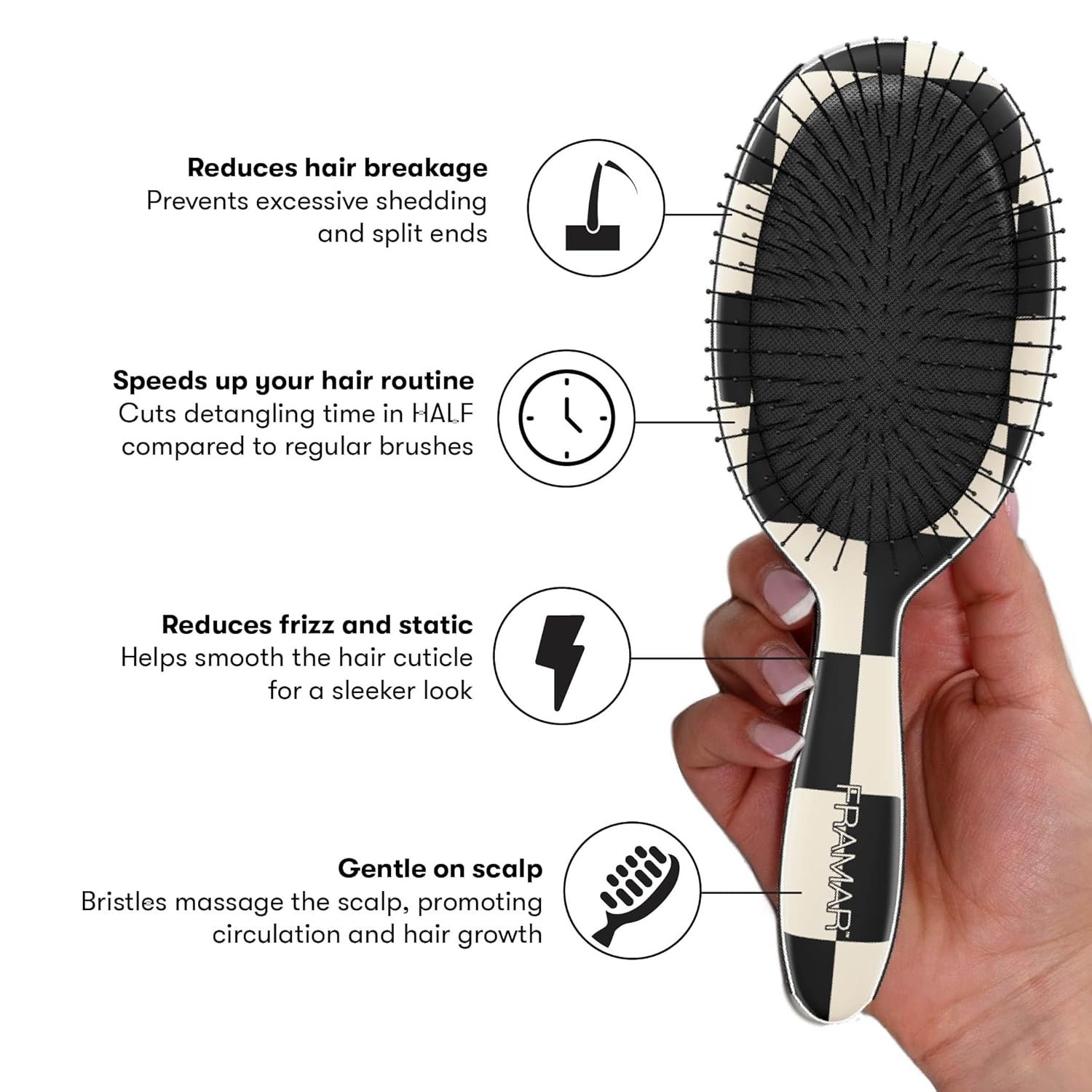 FRAMAR Checkered Print Hair Brush Detangler – Wet Hair Brushes For Women, Womens Hair Brush, Black and White Checkered Hair Accessories, Hairbrush For Women, Cepillos Para Cabello – Detangle Brush - Image 5