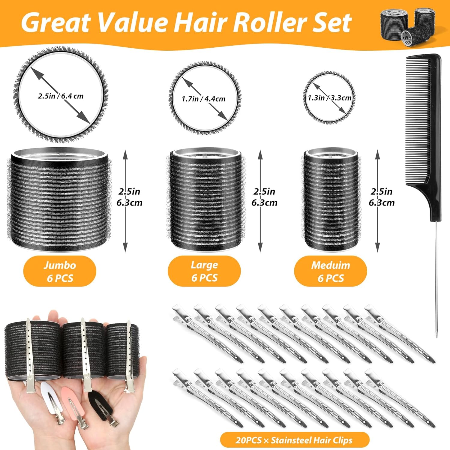 39PCS Self Grip Hair Rollers Curlers 3 Sizes Black Hair Roller 2.5in, 1.9in, 1.4in, Jumbo Curlers Roller with 12PCS Duckbill Clips Hair Rollers for Long Medium Short Thick Fine Volume Bangs - Image 2