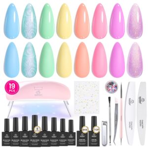 Beetles Gel Nail Polish Kit with U V Light: 19 Pcs Spring Garden Party Pastel 8 Colors Soak Off Gel Nail Set with Base and Top Coat, Sticker accessories All in One Manicure Party Favors