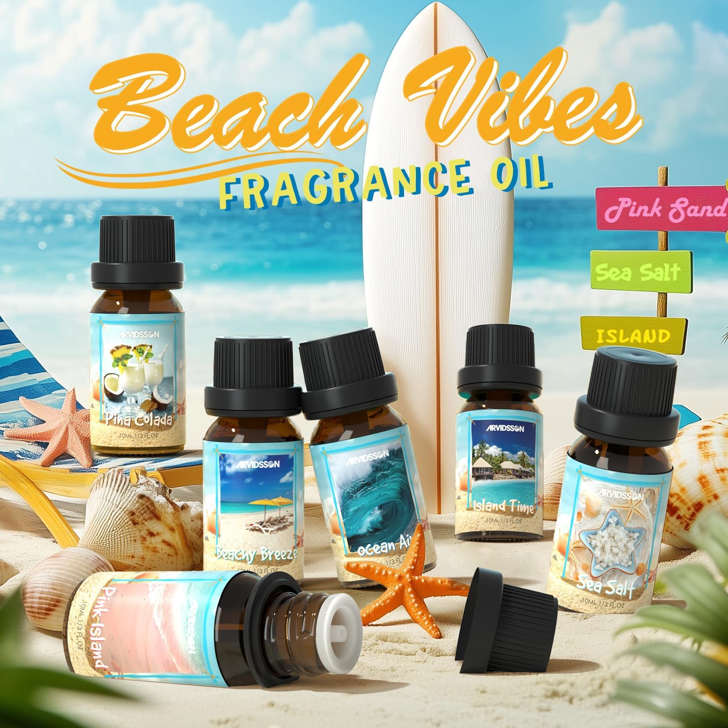 Beach Fragrance Oils Set, ARVIDSSON Summer Essential Oils for Diffuser - Beachy Breeze, Ocean Air, Pina Colada, Pink Sand, Sea Salt, Island Time, Tropical Scented Oil - Image 2