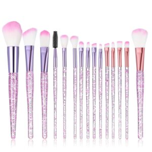 15Pcs Pink Makeup Brushes Set, Glitter Crystal Cute Makeup Brush Eye Shadow Brushes Kit Professional Face Foundation Concealer Liquid Make up Beauty Eyeliner Lip Cosmetic Brush Set for Women