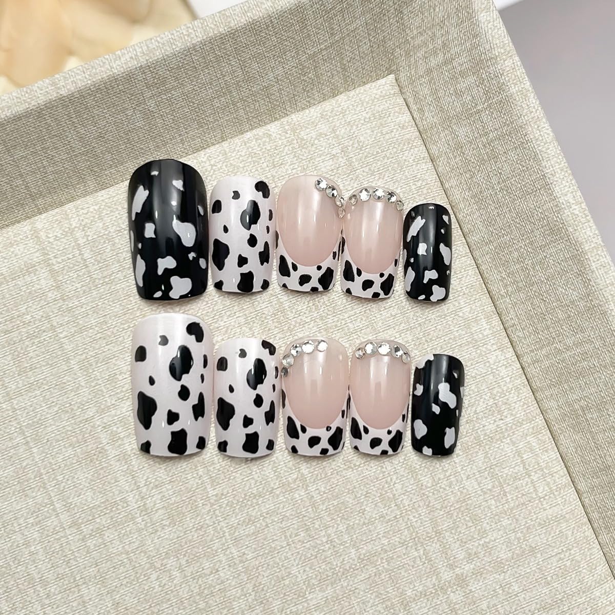 24 Pcs French Tip Press on Nails Short Square Shaped Fake Nails with Cow Print and Rhinestones Design White Glossy Leopard Acrylic Nails Full Cover Stick on Nails for Women Nails Manicure Decoration - Image 2