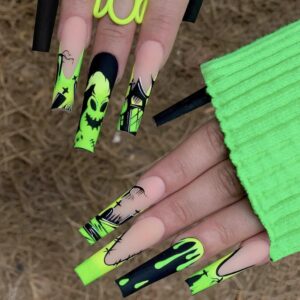 BABALAL Halloween Press on Nails Long Coffin Fake Nail Black Nails Glue ons Green French Tip Ghost Design Acrylic Nails Ballerina False Nails 24Pcs Manicure Full Cover Artificial Nails