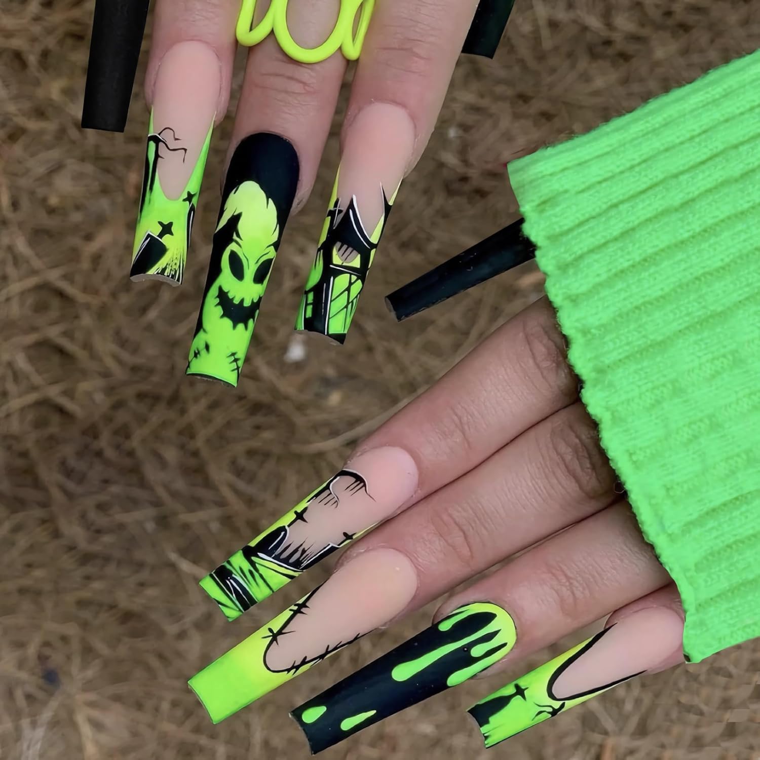 BABALAL Halloween Press on Nails Long Coffin Fake Nail Black Nails Glue ons Green French Tip Ghost Design Acrylic Nails Ballerina False Nails 24Pcs Manicure Full Cover Artificial Nails