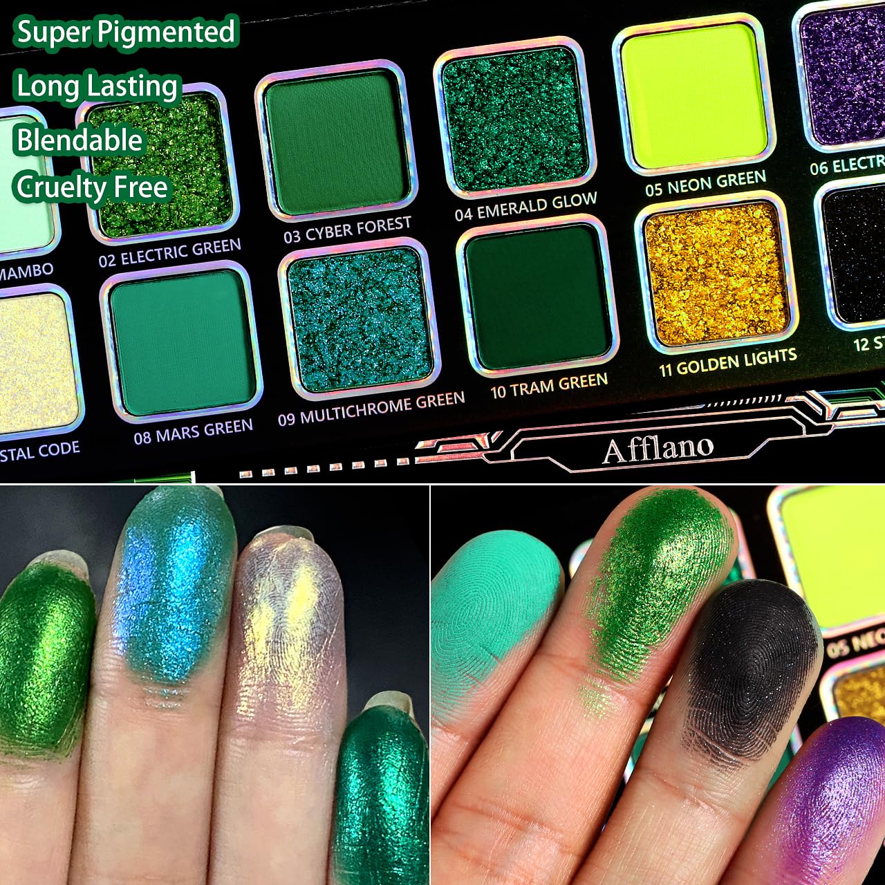 Afflano Multichrome Green Eyeshadow Palette, Color-Shifting Green Glitter Eyeshadow Pallet, Matte Chrome Eye Shadow Dark Forest green Makeup for Women Smokey Blue Brown Eyes Cosplay Party Daily Use - Image 5