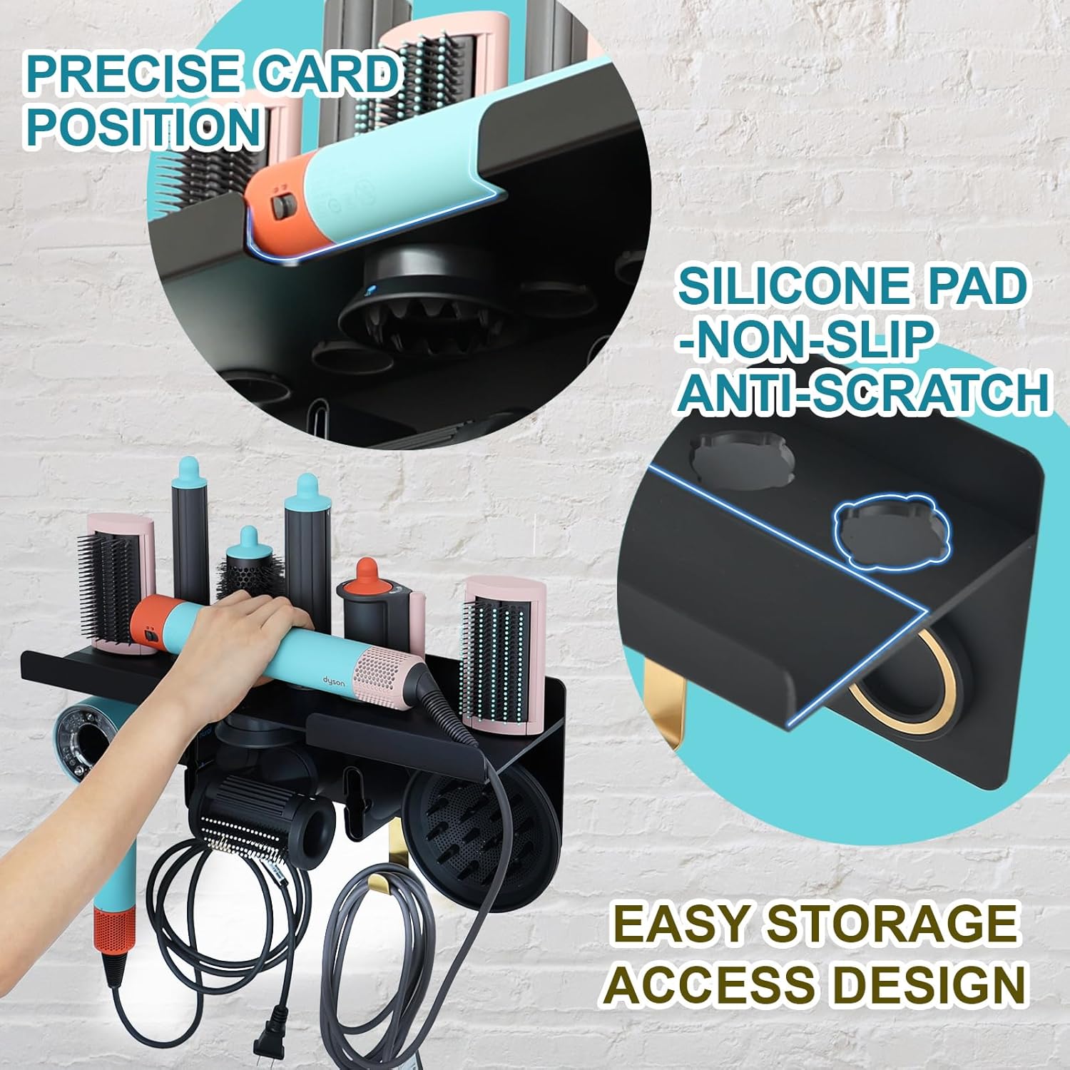 Wall Mount Hair Dryer Stand Holder for Dyson Supersonic Nural Hair Dryer and Dyson Airwrap Styler, 2 in 1 Blow Dryer Accessories Organizer Storage Rack, Aluminum Alloy - Image 3