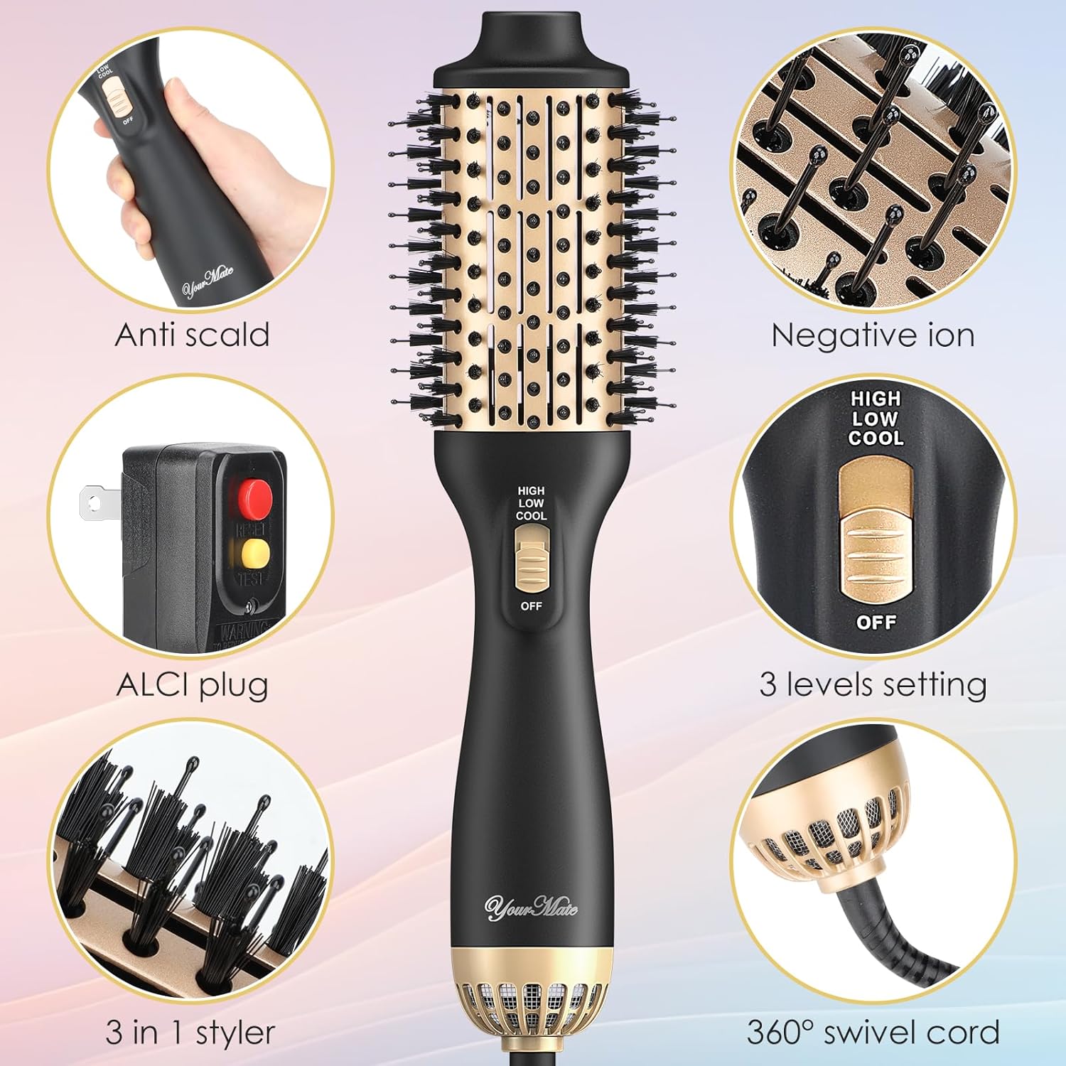 YourMate Hair Dryer Brush - Portable Hot Air Volumizing Brush with Adjustable 3 Temperature Settings for Stylish Hair Drying - Image 4