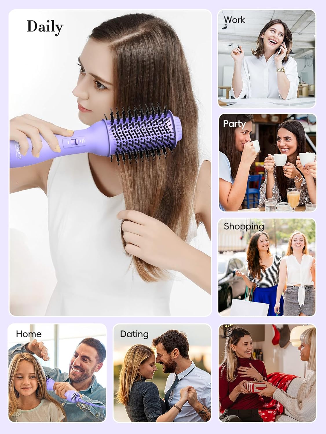 LANDOT Hot Hair Blow Dryer Brush: One-Step HairDryer Styler and Volumizer - Upgraded Plus 2.0 Hot Air Brush with Negative Ion Anti-frizz Ceramic Titanium 60mm Oval Shape Barrel Purple Color - Image 5