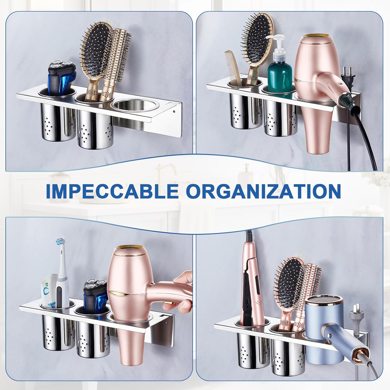 Hair Tool Organizer Wall Mount, Hair Dryer Holder with 2 Cups, Stainless Steel Blow Dryer Holder Curling Iron Holder Wall Mount, Bathroom Vanity Hair Styling Tools Organizer for Brush, Flat Iron - Image 8
