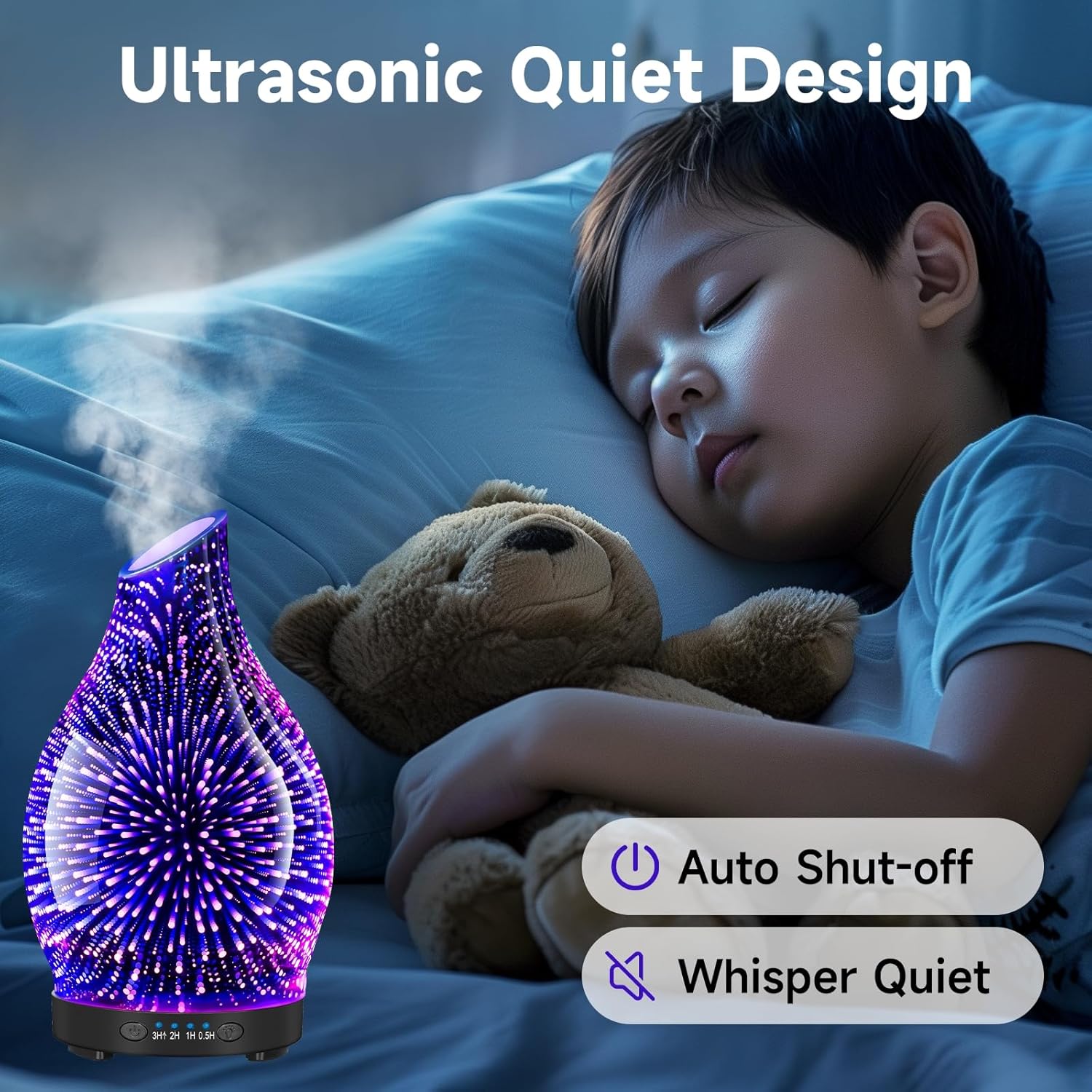 120ML Essential Oil Diffuser, 3D Glass Aromatherapy Diffuser with Auto Shut-Off and 7 Color LED Lights, Ultrasonic Mist Humidifier with 4 Timer for Home Office Bedroom (3D Fireworks) - Image 5