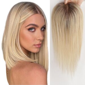 EMMOR Human Hair Topper For Women, 100% Remy Human Hair For Women With Thinning, Three Clips on Topper, 3.5in×4in Hand-Tied, 12 inch - Ombre Light Blonde