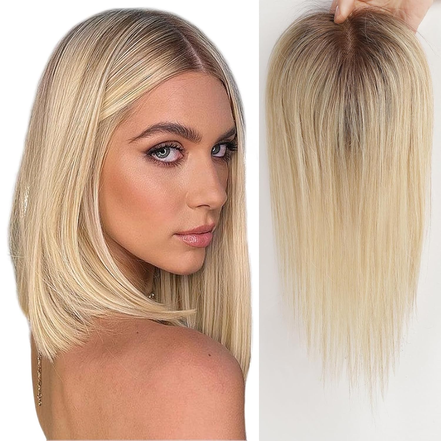 EMMOR Human Hair Topper For Women, 100% Remy Human Hair For Women With Thinning, Three Clips on Topper, 3.5inΓ4in Hand-Tied, 12 inch - Ombre Light Blonde