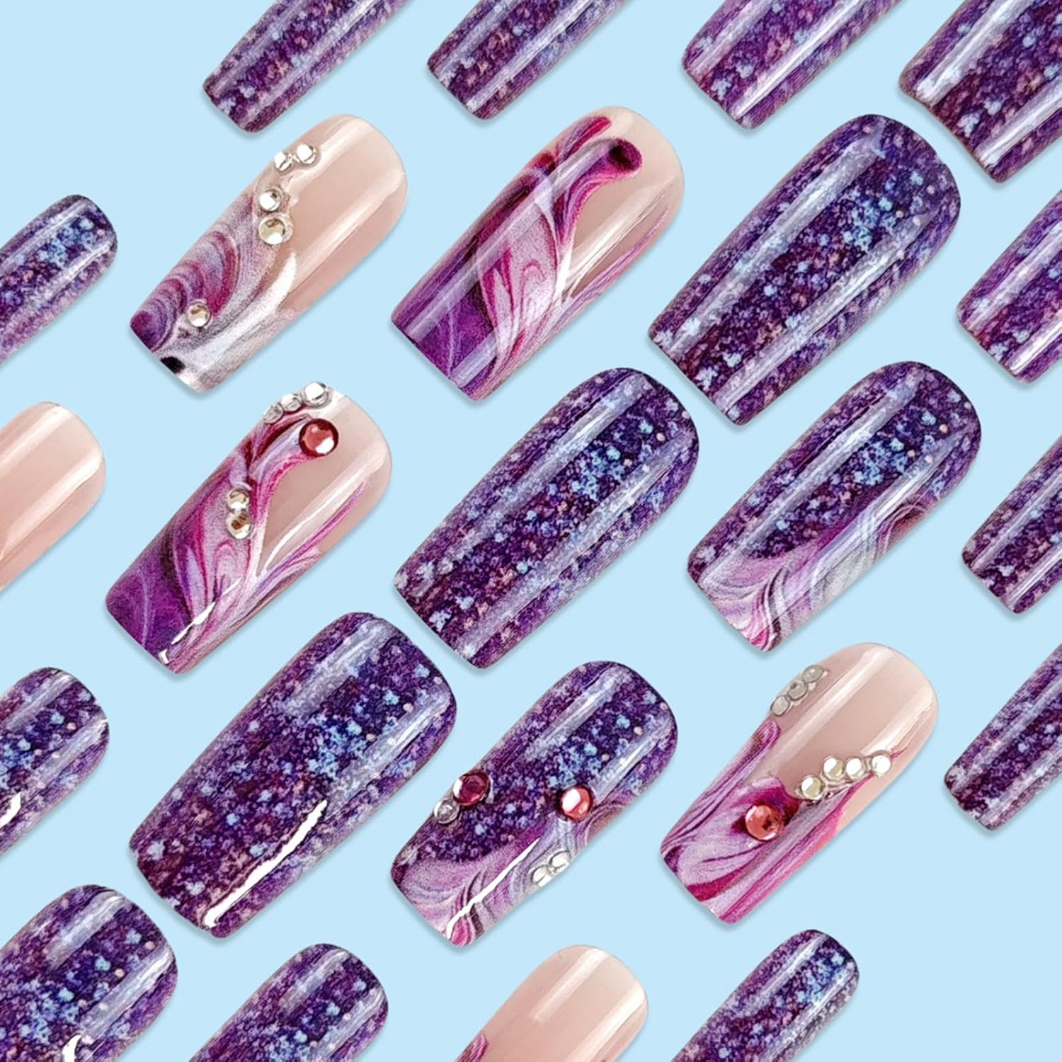 24Pcs Purple Press on Nails Medium Square Fake Nails with Rhinestone Designs Spring False Nails Purple Glitter Acrylic Nails Glossy Glue on Nails Full Cover Stick on Nails for Coquette Women - Image 5