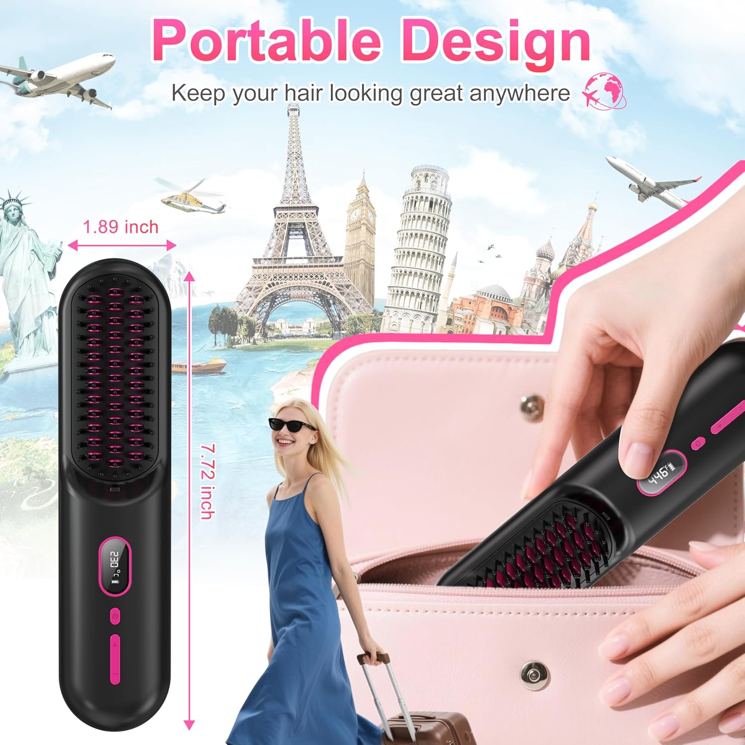 Portable USB Rechargeable Black Cordless Hair Straightener Brush for Women Anti-Scald - Image 2