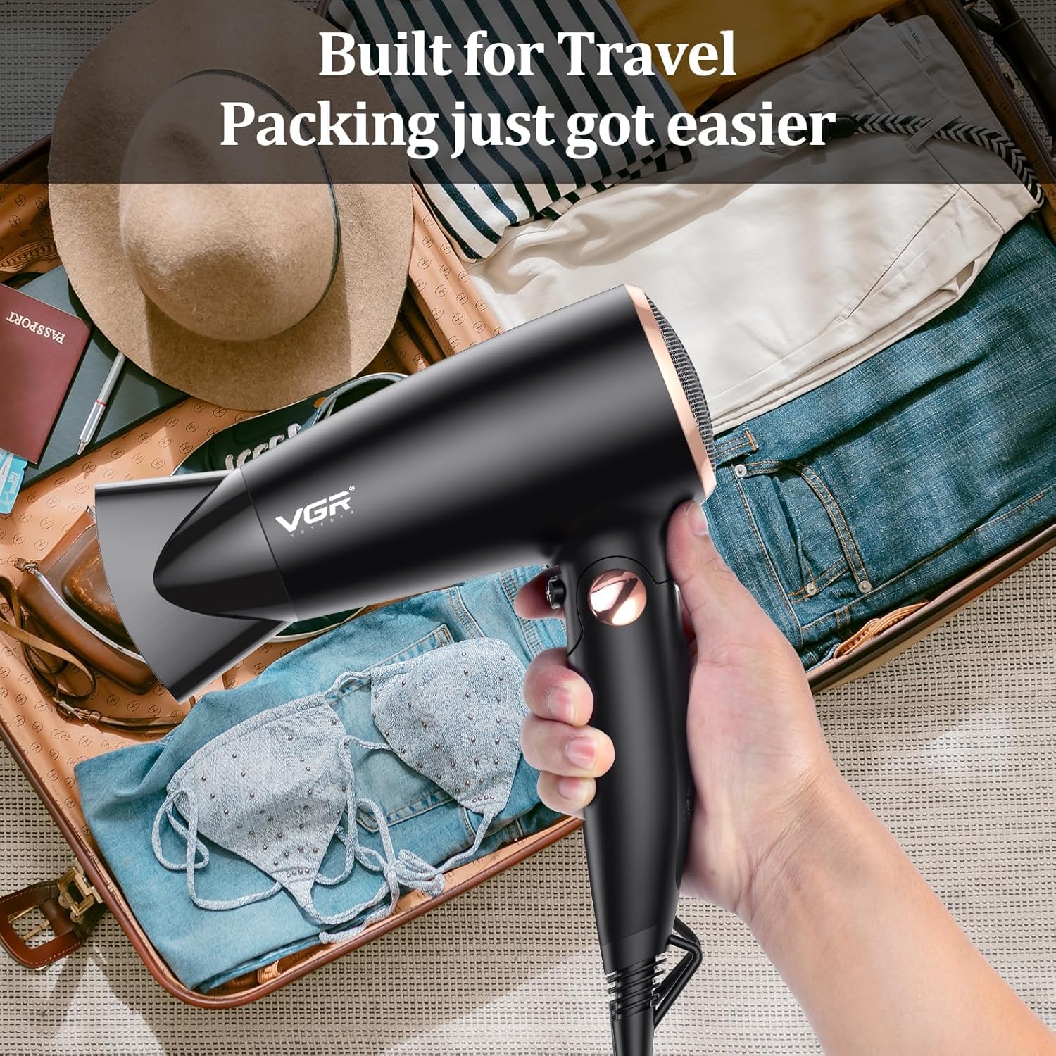 VGR Dual Voltage(100~250V) Travel Hair Dryer with European Plug Adapter for International Travel, Portable Hair Dryer with Concentrator Nozzles - Image 2