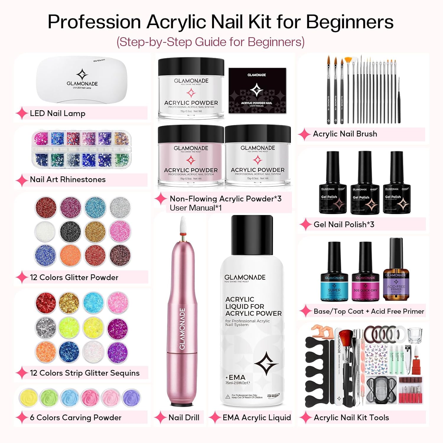 Acrylic Nail Kit for Beginners: Professional Complete Set with Drill UV Light Gel Polish Nail Art Tools for Salon Quality Manicures at Home - Image 3