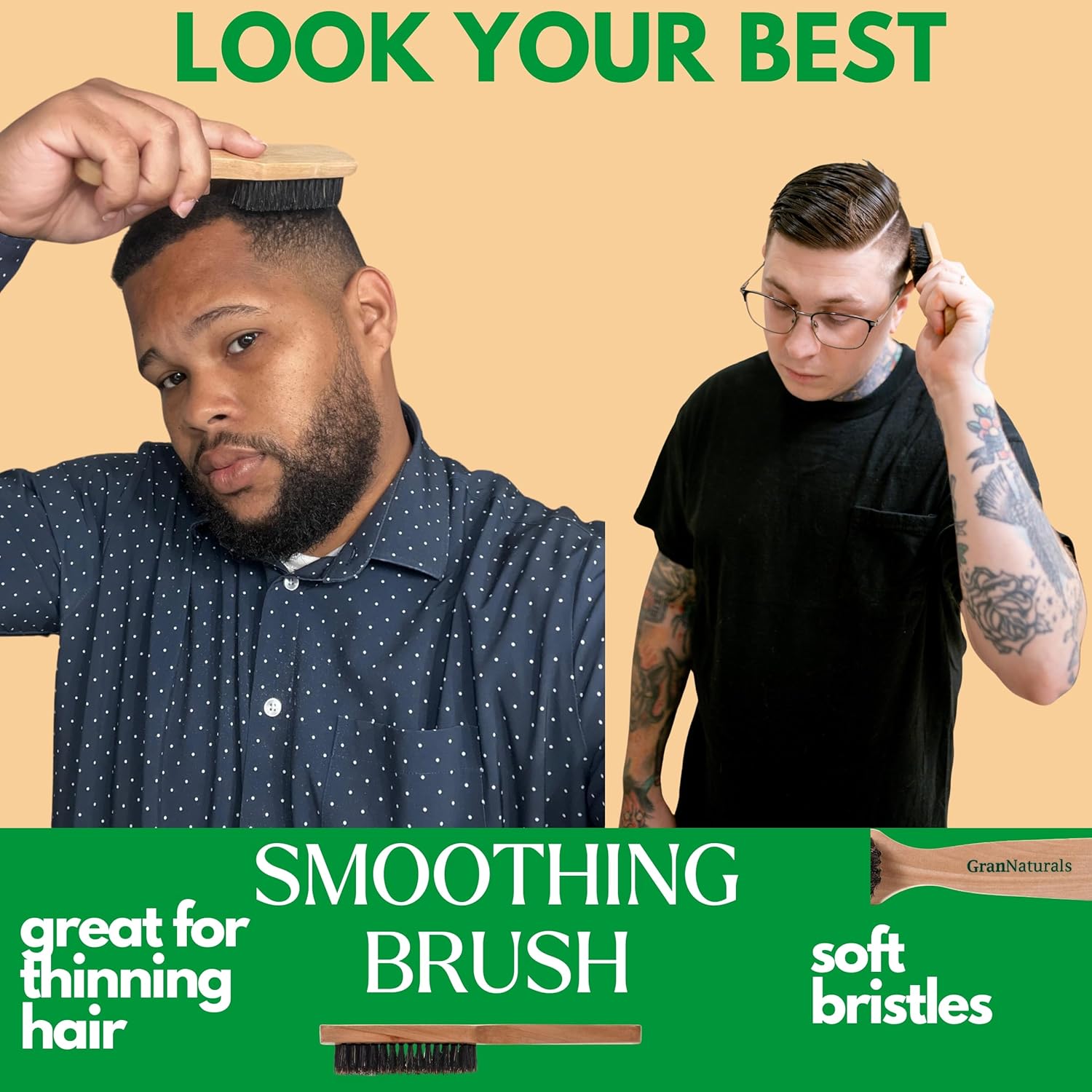 GranNaturals Soft Mens Boar Bristle Hair Brush - Natural Wooden Club Style Wave Hair Brush for Men - Styling Beard Hairbrush for Fine, Thin or Thick Hair - Image 2